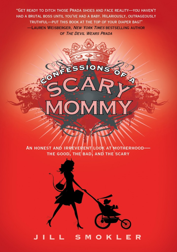 cover of scary mommy by jill smokeler red cover with mom pushing stroller