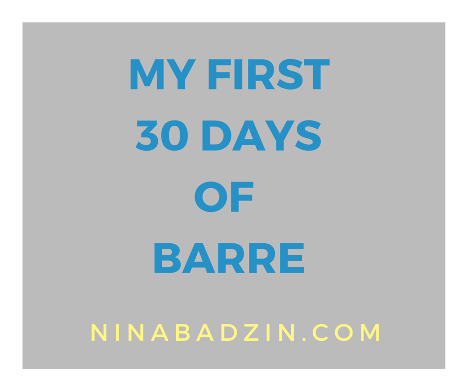 gray graphic with blue font reading first 30 days of barre