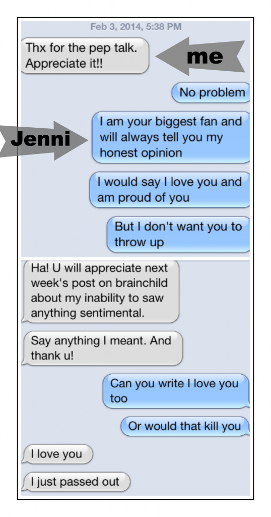 photo of my text exchange with Jenni