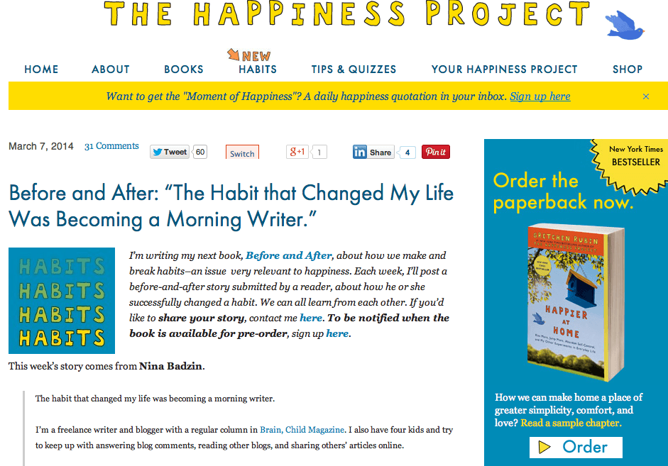 screen shot of the Happiness Project Blog