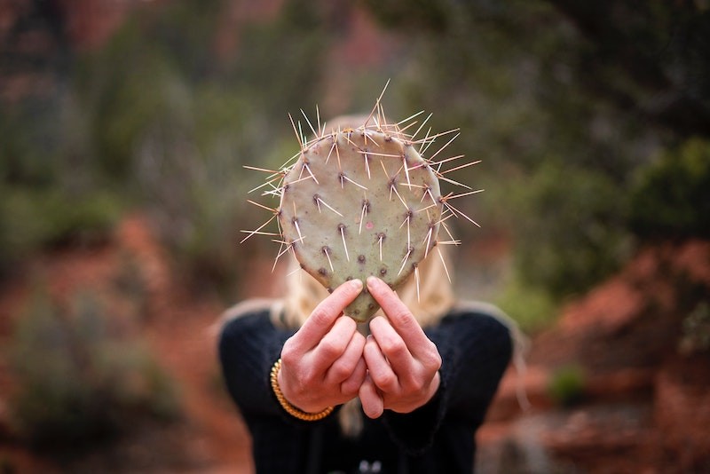woman holding a cactus leaf in front of her face