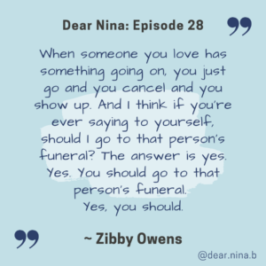 quote from zibby on episode 28 blue background black writing