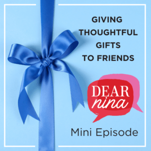light blue background with dark blue gift ribbon and dear nina logo with layered talking bubbles